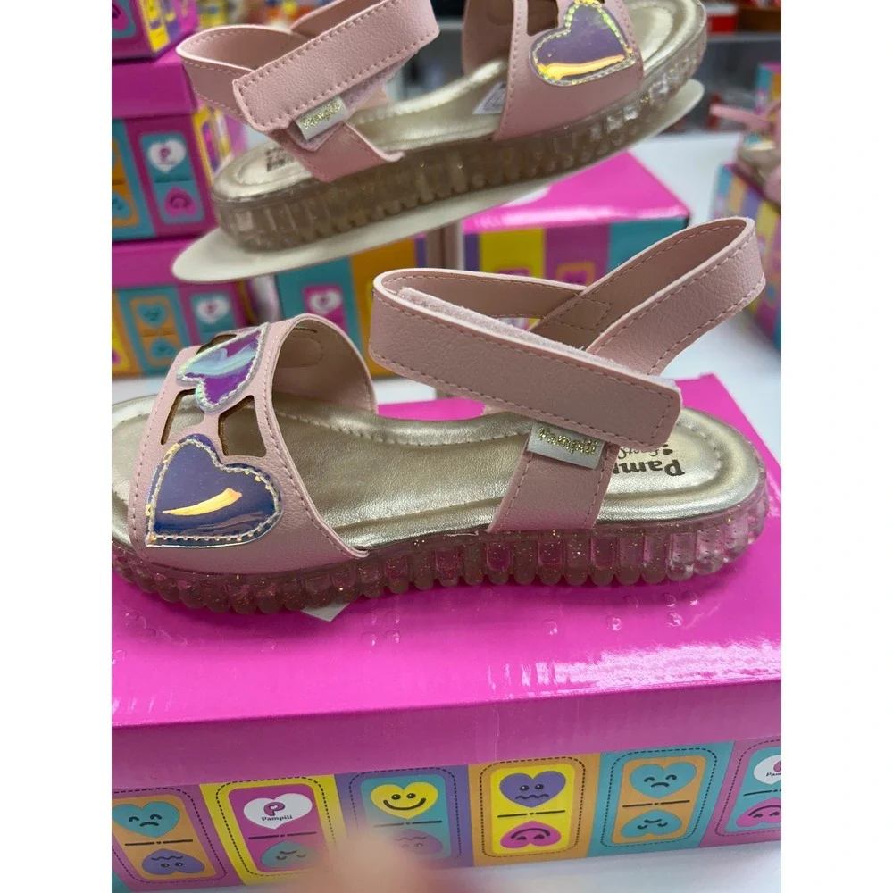 Pampili Girls Pink Holographic Heart Strappy Sandals Gold Footbed Size 12.5 US